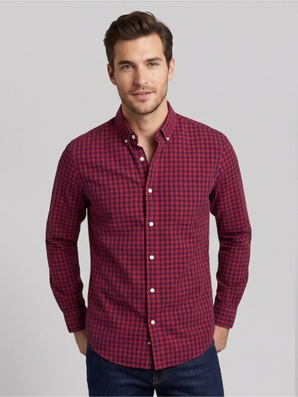 Frank And Oak Men's Red & Navy Gingham Plaid Button-Down Shirt | 100% Cotton